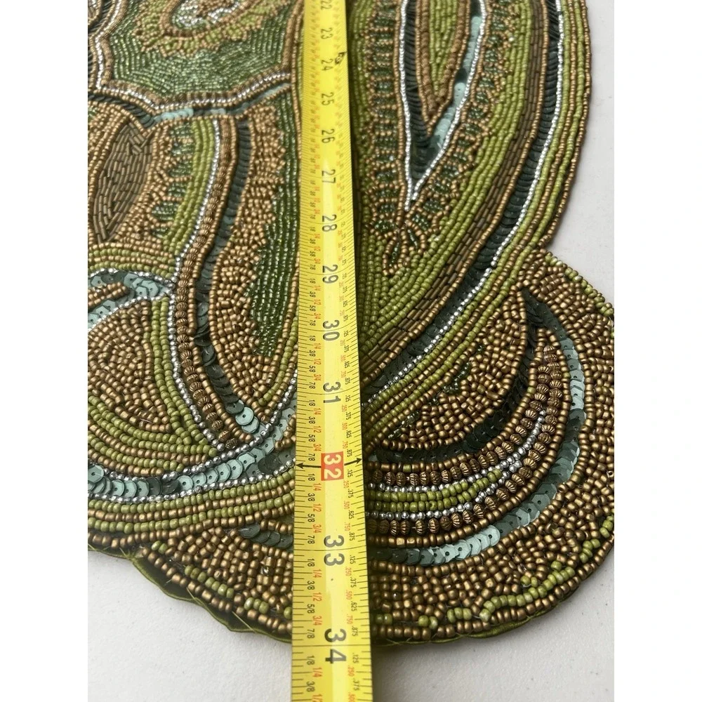 Pier 1 Imports Glass Beaded Paisley Table Runner 13x34 Green Gold India
